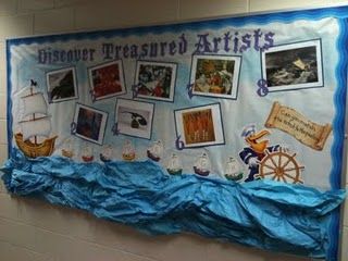 My interactive bulletin board for the "Sailing for Treasure" school wide theme. We have one artist for each month we are in school. Aug/Sept and Dec/Jan are combined. One piece is featured from each artist. The students will fill out which piece they think was created by the current artist of the month. I will draw from the correct answers and that student will earn a piece of candy. Treasure School, Nautical Classroom Theme, School Wide Themes, Nautical Classroom, Sailing Theme, Bulletin Boards Classroom Decor, Interactive Bulletin Board, Underwater Theme, Under The Sea Theme