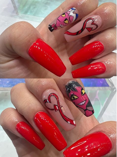 My newest nail set for my Halloween costume Helluva Boss Makeup, Helluva Boss Nails, Hazbin Hotel Nails, Nail References, Boss Nails, Henna Ink, Nail Pics, My Halloween Costume, Anime Nails