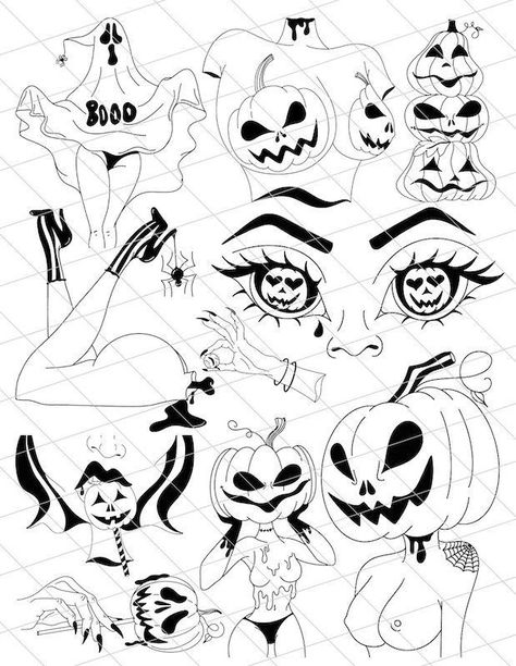 Flash Art Tattoos, Cute Halloween Tattoos, Sheet Art, Image Halloween, Kunst Tattoos, Flash Tattoo Designs, Spooky Tattoos, Tattoo Stencil Outline, Tattoo Style Drawings