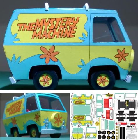 Mystery Machine Van Cardboard Diy, Fun Birthday Decorations, Van Template, Lotus Flower Origami, Scooby Doo Van, Printable Paper Toys, Printable Paper Toys Templates, Mystery Machine Van, Paper Figures