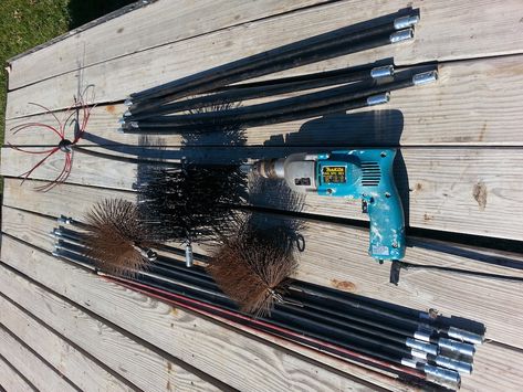 My chimney sweep's tool kit. Diy Chimney Sweep, Diy Chimney, Chimney Brushes, Chimney Cleaning, Chimney Sweep, Start Cleaning, Vinegar And Water, Home Repairs, Screened Porch