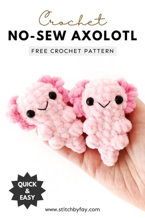 No-Sew Crochet Axolotl Pattern (Free!) No Sew Crochet Stuffed Animals, Crochet Worry Pet Free Pattern, Axotl Crochet Pattern, No Sew Axolotl Crochet Pattern Free, No Stuffing Amigurumi, Amigurumi Axolotl Free Crochet, Quick No Sew Amigurumi, Crochet Keychain No Sew, No Sew Axolotl Crochet