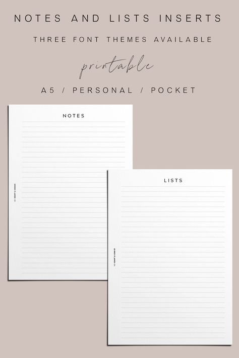 Personal Size Planner Inserts, Minimalist Notes, Personal Size Planner, Planner Sizes, Planner Business, Printable Notes, Planner Inserts Printable, Academic Planner, Work Planner