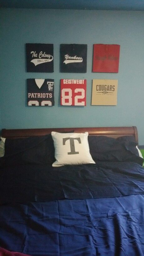 #pinterestinspired great way to display old jerseys Old Jersey Ideas, Baseball Jersey Display Ideas, Sport Jersey Display Ideas, Old Jersey Ideas Projects, Jersey Display Ideas, Sports Jersey Display, Patch Display, Sports Display, Baseball Quilt