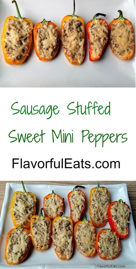 Sausage Stuffed Sweet Mini Peppers are the best appetizers or party food. Made with cream cheese, sausage, and garlic. Just stuff the mini peppers, top with parmesan cheese and bake until cheese is melted. Cream Cheese Stuffed Mini Peppers, Cheese Stuffed Mini Peppers, Cream Cheese Sausage, The Best Appetizers, Sausage Cream Cheese, Healthy Cream Cheese, Mini Peppers, Crockpot Appetizers, Mini Sweet Peppers