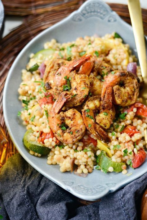 North African Shrimp with Roasted Summer Vegetable Couscous l SimplyScratch.com #shrimp #northafrican #spices #turmeric #couscous Couscous Dinner Recipes, Shrimp Couscous, Couscous Dinner, Africa Recipes, Vegetable Entrees, North African Food, Vegetable Couscous, Couscous Recipes, Summer Eating