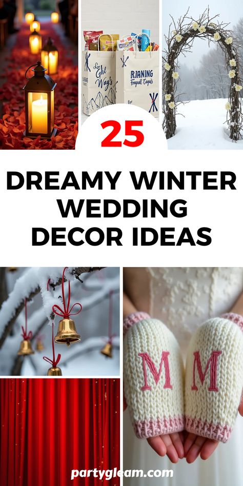 25 dreamy winter wedding decor ideas that will add a touch of magic to your celebration! Picture red velvet backdrops, cozy candle-lit aisles, and unique ski-themed welcome bags that embody the essence of winter romance. From charming mitten wedding favors to enchanting jingle bell escort cards, create an unforgettable ambiance for you and your guests. Explore these extraordinary concepts to warm your heart on your special day and make your winter wonderland wedding truly captivating with ideas you'll treasure for a lifetime. Guest Book Ideas For Winter Wedding, Candle Lit Aisle, Outdoor Ceremony Aisle, Seasonal Decor Ideas, Winter Wedding Decor, Rustic Wreaths, Cozy Candle, Winter Romance, Winter Wedding Favors