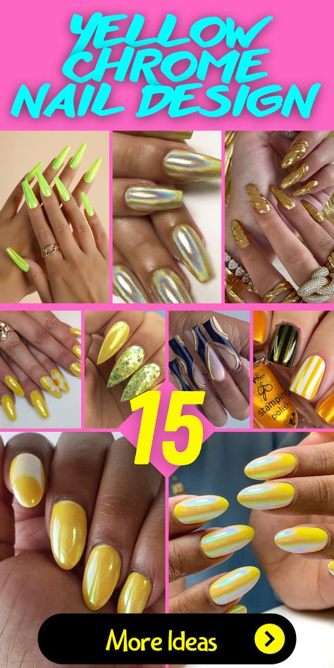 Discover the sunny allure of yellow chrome nails that add a pop of color to your everyday look. Whether you prefer a pastel hue that's light and delicate or a bold neon shade that demands attention, yellow chrome nails have something for everyone. Consider adding a French tip or experimenting with intricate designs that showcase your individual style. Neon Yellow Chrome Nails, Yellow Nails With Chrome, Yellow Chrome Nails Designs, Neon Chrome Nails, Chic Almond Nails, Yellow Chrome Nails, Chrome Nail Design, Chrome Nail Colors, Yellow Chrome