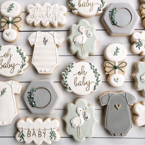 Gender neutral baby shower sugar cookies Baby Shower Decorated Cookies, Eucalyptus Baby Shower Decor, Baby Shower Cookies Neutral, Baby Boy Cookies, Gender Reveal Cookies, Baby Gender Reveal Party, Fiesta Baby Shower, Baby Cookies, Sugar Cookie Designs