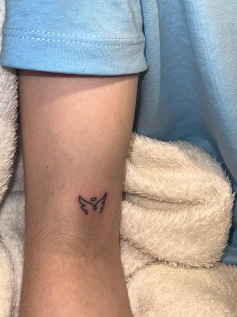 Angel Stick And Poke, Stick And Poke Tattoo On Hip, Small Stuck And Poke Tattoos, Ankle Stick And Poke Tattoo, How To Do Stick And Poke Tattoos, Thigh Stick And Poke, Small Stick And Poke Tattoo Ideas, Moon Stick And Poke, Matching Stick And Poke Tattoo