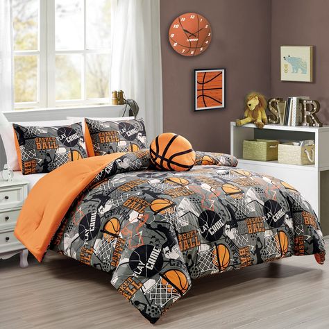 PRICES MAY VARY. Basketball 4-Piece Comforter Set Includes: 1 Comforter, 2 Shams, and 1 Basketball Throw Pillow Full/Queen Size Measurements: Comforter 86" x 86", Shams 20" x 26", Basketball Throw Pillow Perfect way to transform your kids bedroom with this sporty comforter set in a bright, fun, and cheery design. Everything basketball and the love for the game, express the joy of your kids love for the sport of basketball in their rooms. Soft lightweight microfiber polyester but still provides e Basketball Slam Dunk, Making A Bed, Boys Room Colors, Basketball Bedroom, Basketball Room, Ideal Bedroom, Sport Bedroom, Twin Comforter Sets, Kids Bedding Sets