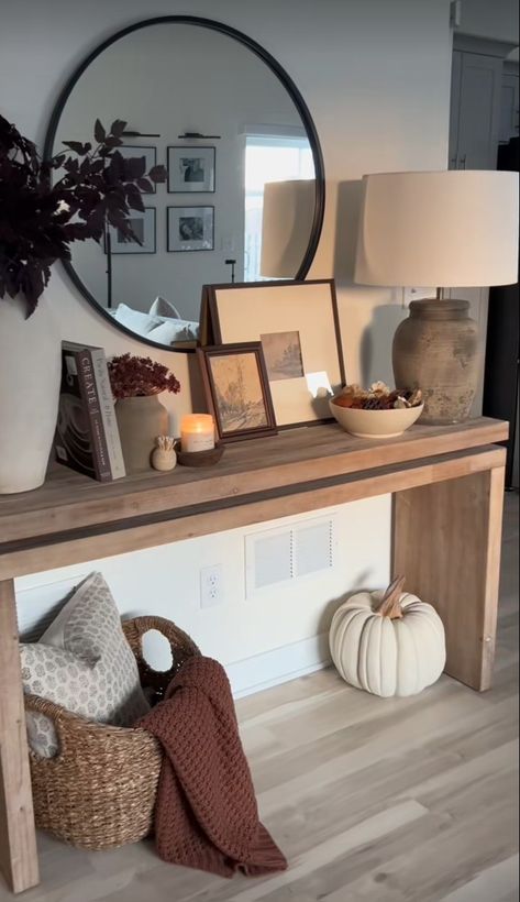 Thanksgiving Entry Table Decor, Circle Mirror Decor, Fall Decor Entryway Table, Fall Decor Entryway, Fall Entry Table Decor, Fall Entry Table, Decor Entryway Table, Fall Entry, Wood Centerpiece