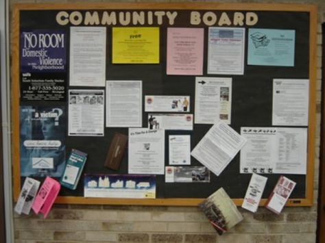 "Community Board" Office Information Board Design, Information Bulletin Boards, Office Bulletin Board Ideas, Public Library Programs, Office Bulletin Boards, Community Bulletin Board, Bulletin Boards Theme, Work Bulletin Boards, Student Lounge