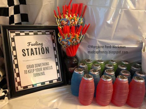 Fuel Station Birthday Party, Racing To 3 Birthday, Fuel Up Station Party, Pit Crew Birthday Party, Three Year Old Car Birthday, Racecar 2nd Birthday Party, Cars Diy Birthday Party, Two Fast Birthday Diy, Racer Party Ideas