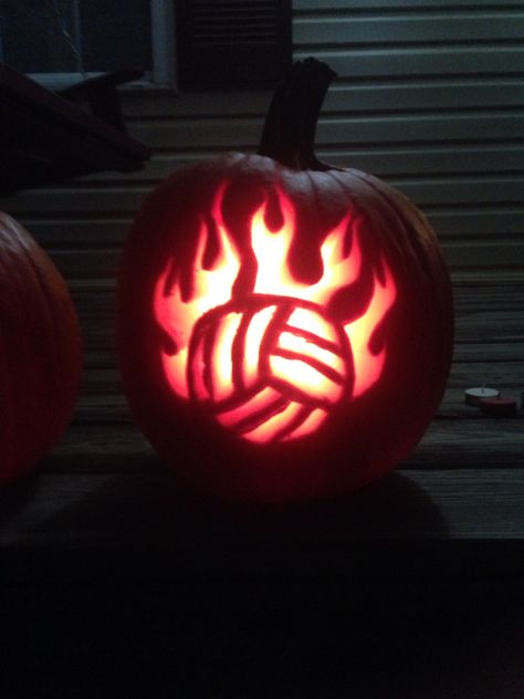 My volleyball pumpkin #pumbkincarving #volleyball Volleyball Carved Pumpkin, Pumpkin Painting Ideas Volleyball, Pumpkin Carving Ideas Basketball, Sports Pumpkin Carving Ideas, Pumpkin Carving Ideas Volleyball, Pumpkin Carving Ideas Sports, Softball Pumpkin Carving Ideas, Volleyball Pumpkin Carving, Basketball Pumpkin Carving