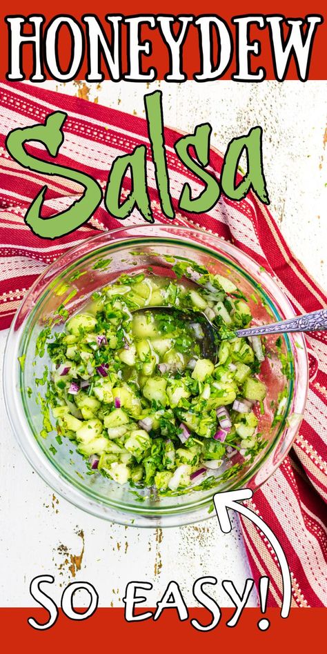 A glass bowl filled with green salsa with honeydew, cilantro and red onions. On a table with a red towel with Pinterest overlay. Honey Dew Melon Recipes, Honeydew Melon Recipes, Honeydew Fruit, Fruit Salsa Recipe, Melon Recipes, Restless Chipotle, Homemade Condiments, Fish And Chicken, Fruit Salsa