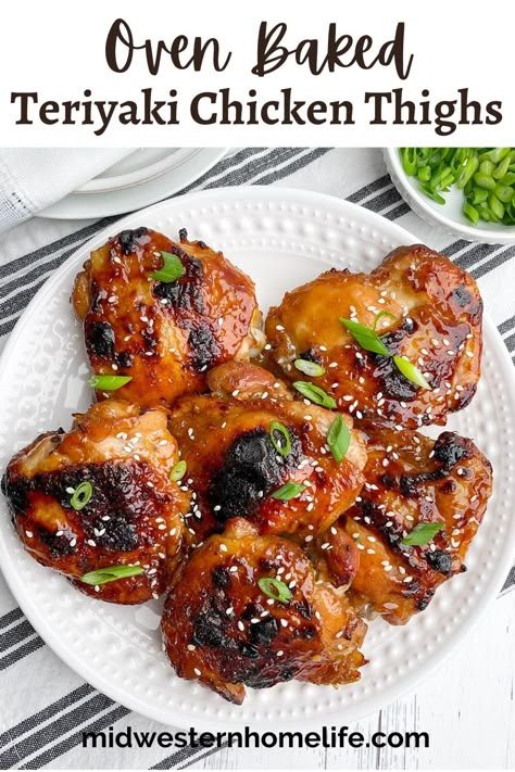 Oven Baked Teriyaki Chicken Thighs (boneless or bone-in) are tender and juicy in a sweet and savory teriyaki marinade and sauce that bakes to sticky perfection in about 30 minutes. Easy dinner recipe the whole family will love. rnrn Teriyaki Chicken Thighs Boneless, Baked Teriyaki Chicken Thighs, Chicken Thigh Teriyaki, Baked Bone In Chicken, Teriyaki Chicken Thighs, Chicken Thighs In Oven, Baked Boneless Chicken Thighs, Bone In Chicken Recipes, Baked Teriyaki Chicken