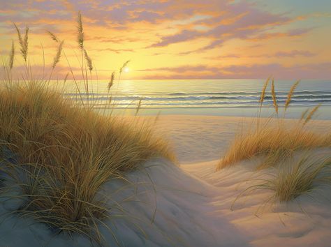 sand dunes at sunrise Beach Sunrise Painting, Beach Sand Dunes, Marsh Landscape, Beach Dunes, Ocean Waves Photography, Ocean Art Painting, Beach Scene Painting, Seascapes Art, Beach Art Painting