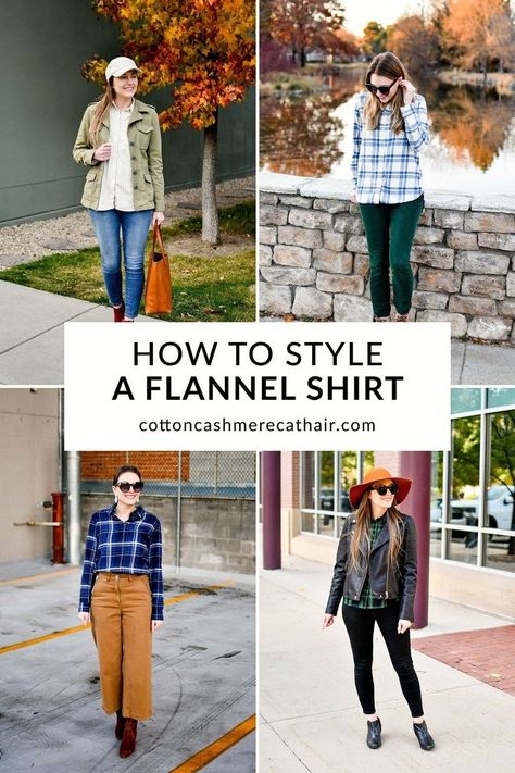 How to Style a Flannel Shirt | Flannel Shirt Outfit Ideas for Women | Cotton Cashmere Cat Hair Fitted Flannel Shirt Women, Sweater Flannel Outfit, Flannel And Chelsea Boots, Flannel Fashion Womens, Flannel Shirt Tucked In, Flannel Button Down Outfit Women, Fall Flannels For Women, Female Flannel Outfit, Styling A Flannel Shirt Outfit