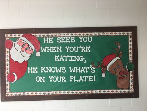 Christmas Bulletin Boards For School Cafeteria, Christmas Nutrition Bulletin Board, School Lunch Bulletin Board Ideas, Healthcare Christmas Bulletin Board, Work Cafeteria, Thanksgiving School Nurse Bulletin Board, Winter School Nurse Bulletin Board, Lunch Boards, School Cafeteria Decorations