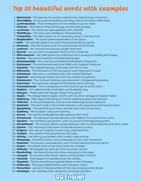 50 beautiful words Beautiful Words To Use In Poetry, Poetic Words English List, Words That Sound Beautiful, Words For Love Writing, Beautiful Words In English Love, Beautiful Descriptive Words, Fancy Descriptive Words, Fancy Words To Use In Writing, Aesthetic Word With Meaning