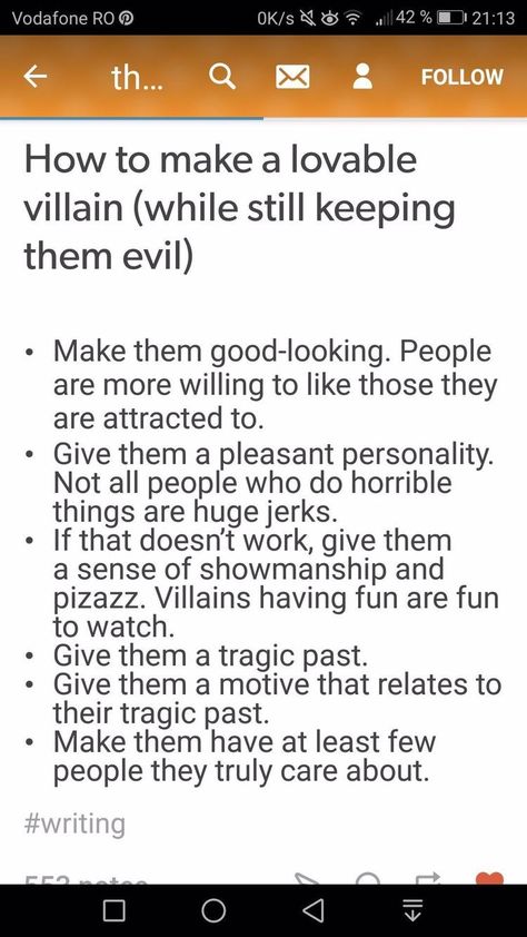 How To Write A Likeable Villain, Hero To Villain Writing, How To Make A Lovable Character, Villain Turned Good Aesthetic, Villan Drawings Character, How To Introduce A Character In A Book, How To Make A Likable Character, How To Make A Character Likeable, Tragic Writing Prompts