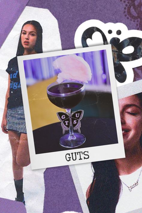 Olivia Rodrigo Guts collage retro with a polaroid of a purple Olivia Rodrigo cocktail with candy floss and cake topper Guts butterfly garnish Olivia Rodrigo Party, Purple Drinks, Purple Food, Cocktails Recipes, Olivia Rodrigo Guts, Bday Party Theme, Dream Party, Pretty Pins, 17th Birthday