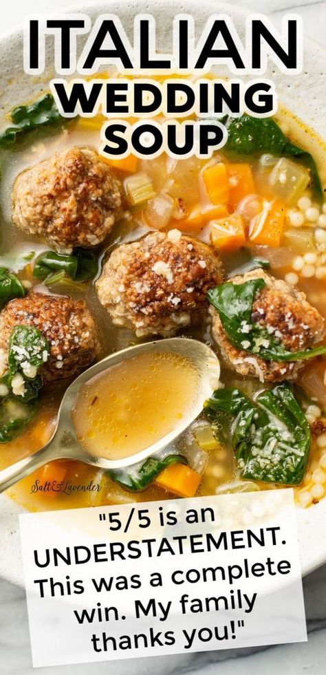 This Italian wedding soup recipe has tender, juicy meatballs and the tastiest broth ever! This version might remind you of the one nonna made. Easy Italian Wedding Soup Crock Pot, Soup Recipes Italian Wedding, Low Carb Italian Wedding Soup, Homemade Italian Wedding Soup Recipe, The Best Italian Wedding Soup, How To Make Italian Wedding Soup, Wedding Meatball Soup, Italian Meatballs Soup, Wedding Day Soup