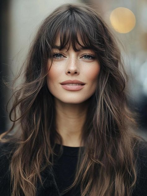 French Curtain Bangs Long Hair, Hairstyles For Bangs Long Hair, Blowout Hair With Bangs, Brunette Bangs Long Hair, Shaggy Bangs, Types Of Bangs, Brunette Bangs, Best Long Haircuts, Long Haircuts With Bangs