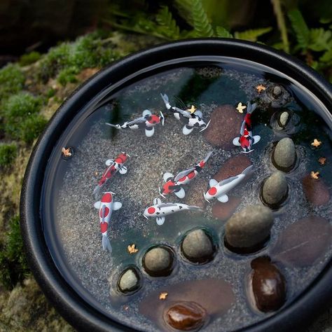 Resin Pond Diy, Resin Waterfall, Koi Fish Pond Clay, Koi Fish Clay Tray, Resin Fish Pond, Koi Pond Resin Art, Miniature Koi Pond, Diy Pond, Stone Art Painting