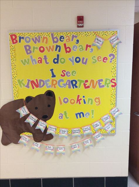 Brown bear brown bear bulletin board Preschool Buliton Board, Brown Bear Door Decoration, Brown Bear Brown Bear Classroom Decor, Brown Bear Classroom Door, Vpk Bulletin Board Ideas, Preschool Reading Bulletin Boards, Literacy Bulletin Board Ideas Preschool, Bear Door Decoration Preschool, Fun Bulletin Board Ideas Preschool