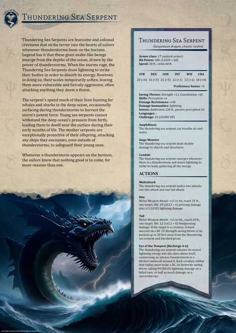 Dungeons And Dragons Monsters, Ocean Monsters, Dungeons And Dragons Classes, Dnd 5e Homebrew, D D Monsters, Dnd Dragons, Sea Serpent, One D, Cool Monsters