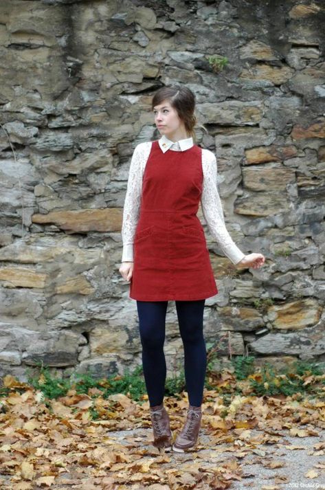 Womens Fall Dress Outfits, Red Pinafore Dress Outfit, Red Pinafore Dress, Long Sleeve Under Dress Outfits, Shirt And Dress Outfit Layering, Red Jumper Dress, Jumper Dress Outfit, Outfits 60s, Cozy Dress Outfit