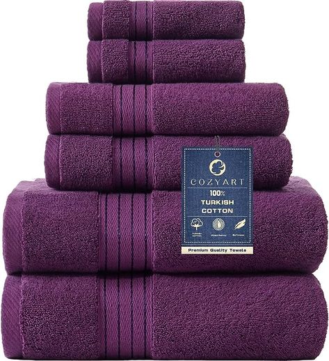 Amazon.com: COZYART Purple Bath Towels Set for Bathroom Soft Absorbent Durable 650 GSM Turkish Cotton Towel Set of 6, 2 Large Bath Towels, 2 Hand Towels, 2 Washclothes : Home & Kitchen Purple Bath Towels, Large Bath Towels, Purple Bath, Bath Clothes, Purple Towels, Spa Kitchen, Bathroom Hotel, Purple Bathrooms, Beach Bathroom