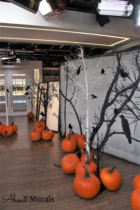 This Halloween wallpaper mural is featured on Cityline's scary Halloween episode. See The Birds decor on set and how DIY expert Leigh-Ann Allaire Perrault styles the spooky wall mural with pumpkins and barren, lifeless trees. This custom wallpaper is removable so it's the perfect backdrop for a Halloween party, a retail store display window or a movie set. Halloween Shop Displays, Halloween Retail Displays, Halloween Window Display Retail, Halloween Store Window Display, Halloween Shop Window Display, Halloween Displays Retail, Halloween School Decorations, Halloween Store Windows, Creative Window Display