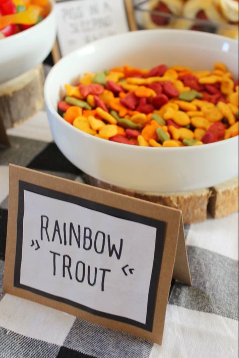 Camping birthday party food, rainbow trout snack Camping Fishing Birthday Party, Fishing Birthday Party Snacks, Fishing Third Birthday Party, Pond Birthday Party, Fishing Party Snacks, Fisherman Birthday Party Ideas, Vbs Camping Theme Snacks, Camping Theme Food Ideas, Camping Party Snacks