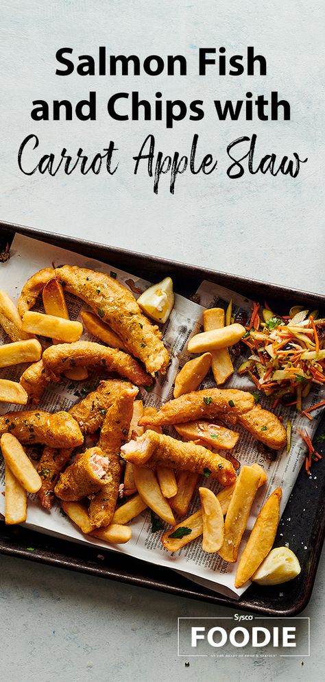 Salmon Fish And Chips Recipe, Salmon Fish And Chips, Carrot Apple Slaw, November Dinners, Apple Slaw Recipe, Homemade Fish And Chips, Fast Dinner Ideas, Fish N Chips Recipe, Fish N Chips