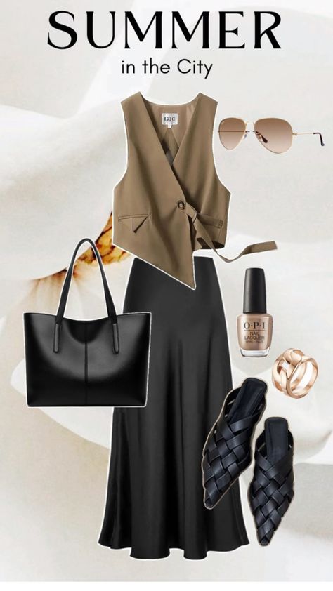 Satin A line skirt | Olive waistcoat | Tote bag | Woven flat sandal #summeroutfit #blackskirt #totebags #sandals #mules Mule Sandals Outfit, Mules Outfit, Sandals Outfit, Line Skirt, Mule Sandals, Black Skirt, A Line Skirt, Summer Outfit, Flat Sandals