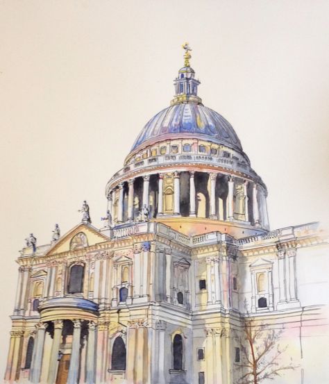 St Paul's Cathedral London. watercolour and ink painting for the New Artist Fair.  Brick    lane. Please see my website for more. Lyndabellmannart.com St Paul Cathedral Drawing, St Pauls Cathedral London Drawing, Maja Wronska, London Watercolor, St Pauls Cathedral London, London Drawing, St. Paul’s Cathedral, London Cathedral, London Painting