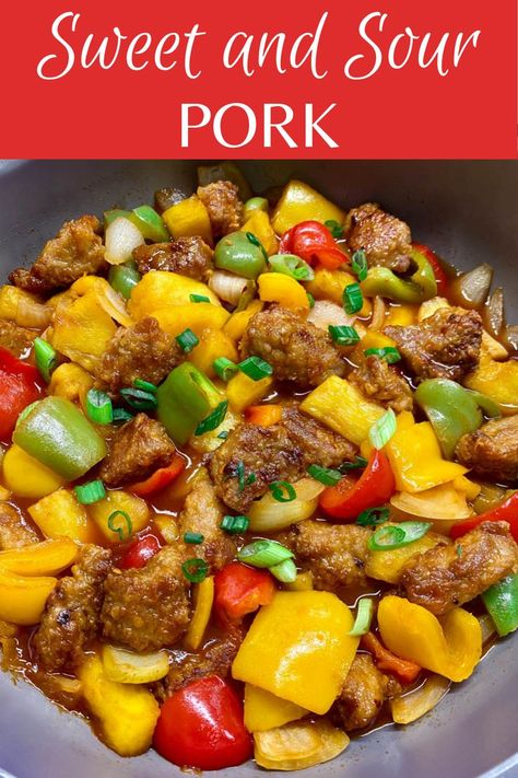 Sweet and Sour Pork 🍍 made healthier and even tastier then takeout! Crispy and tender pork stir fried with peppers, onions and pineapple in an irresistible tangy sauce. Sweet and sour pork has always been one of my absolute favorite Chinese takeout dishes! There is something special about the sweet and sour sauce paired with crispy pork and tender stir fried veggies… and we can’t forget the sweet crunch added from the pineapple! Healthy 30 minute dinner air fried. Stir Fried Veggies, Fried Veggies, Pork Marinade, Stir Fry Ingredients, Pineapple Pork, Chinese Stir Fry, Pork Stir Fry, Stir Fry Dishes, Crispy Pork