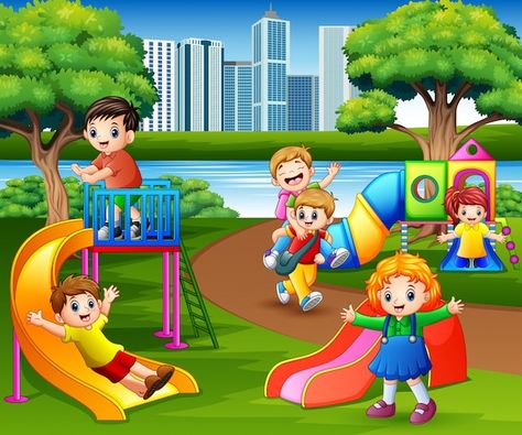 Happy children playing in the school pla... | Premium Vector #Freepik #vector #public-park #playground #play-ground #school-playground Playground Clipart, School Wall Art Ideas, School Door Decorations, School Images, School Cartoon, School Wall Art, School Painting, Kids Background, Happy Children