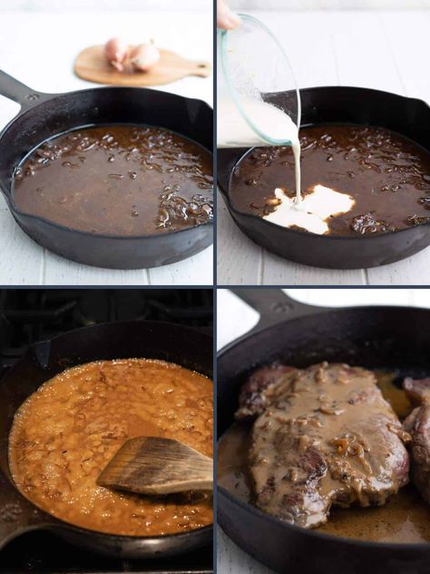 A collage of four images showing how to make Steak Diane. Gourmet Keto, Steak Diane Recipe, Best Cut Of Steak, How To Make Steak, Steak Diane, Pan Seared Steak, Ny Strip Steak, Air Fryer Steak, Gluten Free Soy Sauce