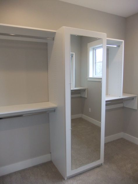 Open Closet With Mirror, Closet With Mirror Inside, Walk In Closet Mirror Door, Walk In Closet With Safe, Mirror Inside Closet, Master Closet Design With Mirror, Walk In Closet With Vanity, Closet With Vanity, Teen Closet