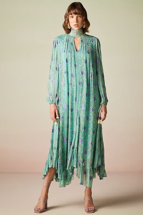 Blue Viscose Lurex Georgette Printed Kaftan Dress Design by Verb by Pallavi Singhee at Pernia's Pop Up Shop 2023 Georgette Dress Designs, Kaftan Dress Indian, Kaftan For Women, Printed Kaftan, Indian Fashion Designers, Pernia Pop Up Shop, Ruffle Hem Dress, Kaftan Dress, Drop Waist