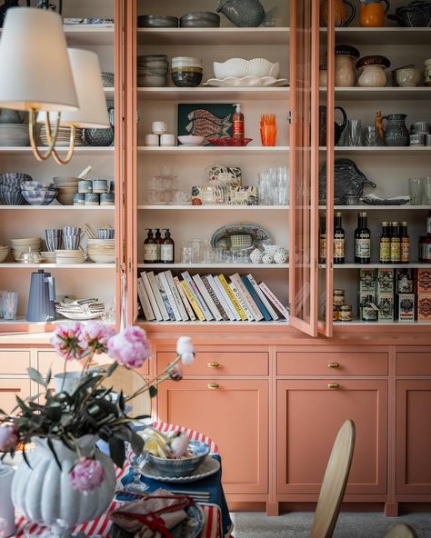 Kitchen Functional Decor, Eclectic China Cabinet Display, Pink Built In Bookcase, French Bookshelf Aesthetic, Pink Arched Bookcase, Anthropologie Arched Cabinet, Mid Century Bookshelf Pink, Kitchen Bookshelf, Kitchen Details