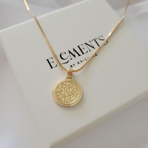 "Round gold coin medallion necklace. Wear it on it's own or layer it.  Pendant details:  * Finish: non tarnish 14K gold filled  * Measurements: 0.9'H 0.7'W Chain: non tarnish gold filled Comes in our gift ready packaging: vegan leather pouch for safe jewelry storing and branded box  GOLD FILLED Tarnish Resistant. Hypoallergenic. Long Lasting. Gold filled is affordable alternative to solid gold. Hypoallergenic - sensitive skin friendly. With proper care it will last for years. What is Gold Filled Gold Medallion Necklace, Unique Gifts For Mom, Jewelry Words, Gold Medallion, Cute Christmas Gifts, Dope Jewelry, Medallion Necklace, Sell Gold, Gold Coin