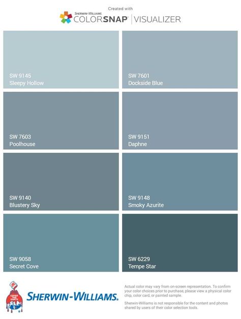 Pale Dusty Blues - Front Door Options - Sherwin-Williams Beach Blue Front Door, Sw Secret Cove, Sw Dusty Blue, Dusty Blue Front Door Colors, Poolhouse Blue Sherwin Williams, Dusty Blue Wall Paint, Sherwin Williams Poolhouse Blue, Dusty Blue Kitchen Walls, Sherwin Williams Secret Cove