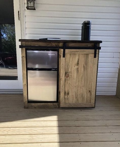 Coffee Bar With Mini Fridge, Outdoor Mini Fridge, Mini Fridge Bar, Mini Fridge Cabinet, Barn Door Sliders, Sliding Cupboard, Outdoor Fridge, Diy Outdoor Bar, Coffee Bar Design