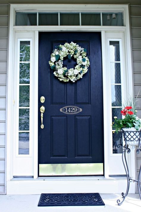 Blue Door Navy Front Door, Shutter Colors, Lions Den, Best Front Doors, Blue Front Door, Front Door Paint Colors, Door Paint Colors, Painted Front Doors, Diy Outdoor Decor