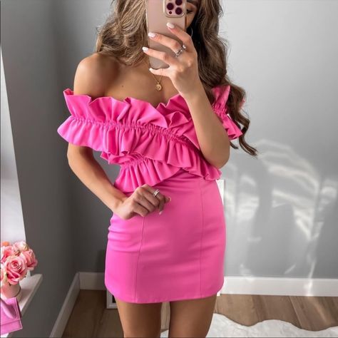 Sold Out Style Nwt Price Firm Pink Off-shoulder Ruched Dress, Pink Ruched Off-shoulder Mini Dress, Pink One Shoulder Ruffled Mini Dress, Pink Ruffled Off-shoulder Strapless Dress, Pink Off-shoulder Strapless Dress With Ruffles, Pink Strapless Off-shoulder Dress With Ruffles, Flirty Pink One-shoulder Mini Dress, Flirty One-shoulder Pink Mini Dress, Pink Off-shoulder Bodycon Dress For Date Night